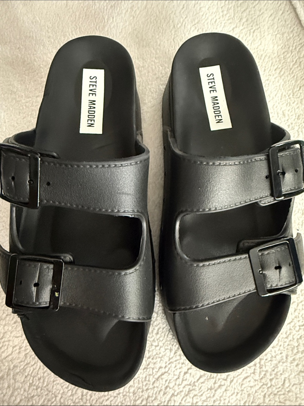 Steve Madden Black Double Buckle Slide Sandals with Cushioned Footbed